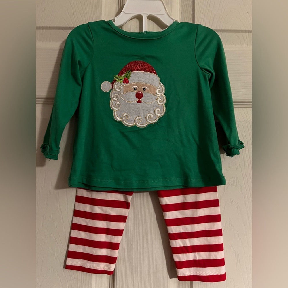 Rare Too Santa outfit, baby girl, size 12 months, green, red